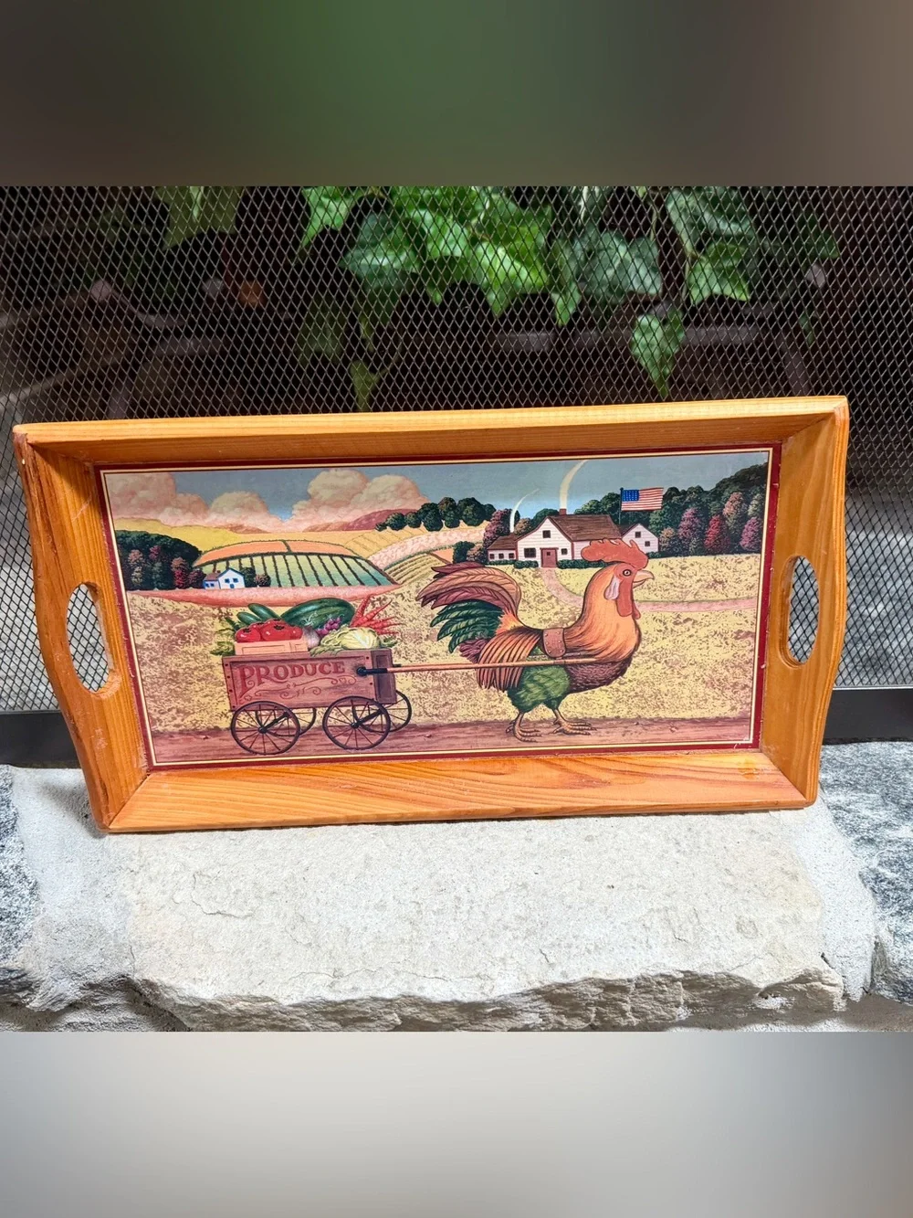 Country Rooster Produce Wood Tray & Wall Art - Cottage-core/ Country Kitchen